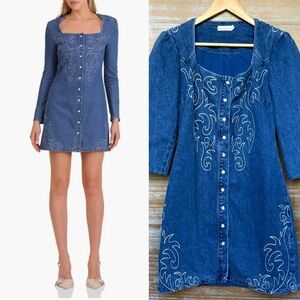 Avec Les Filles Blue Embroidered Denim Button-Front Mini Dress